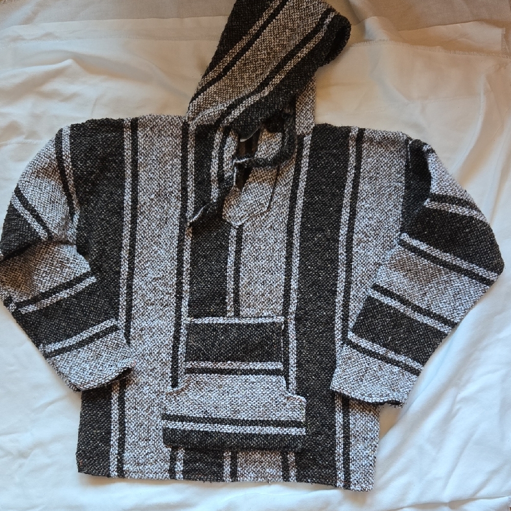 Men's Hooded Crewneck Baja Sweater - Black & Cream
